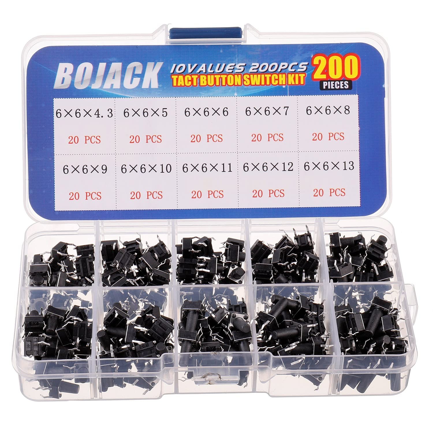 BOJACK 10 Values 200 Pcs 6x6 mm Tactile Pushbutton Switches 4 Pin Black