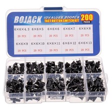 BOJACK 10 Values 200 Pcs 6x6 mm Tactile Pushbutton Switches 4 Pin Black picture