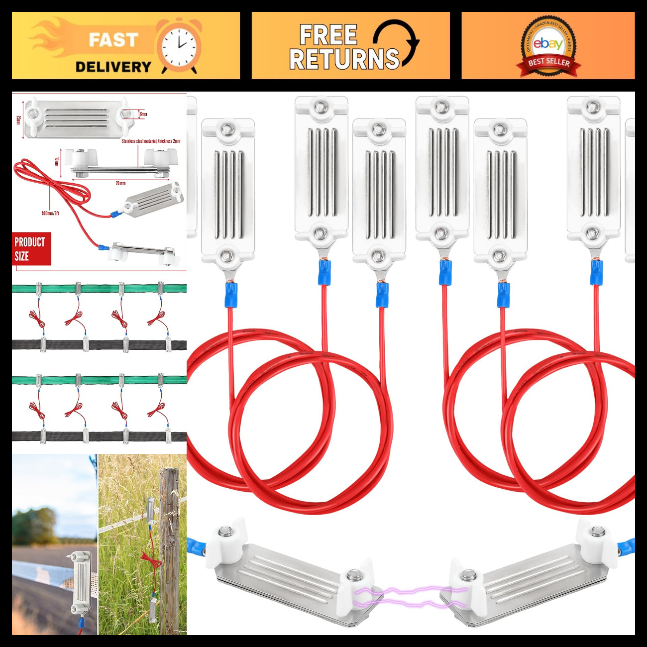 8 Pcs Electric Fence Tape Connector - Polytape to Polytape, 40mm, 90cm Wire, 1/2