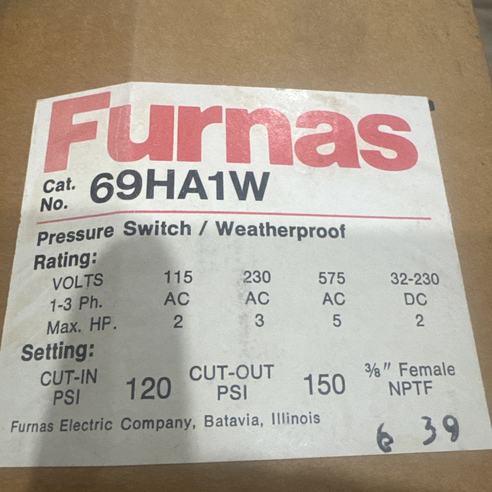 Furnas 69HA1W Pressure Switch  Weather Proof Cut in 120 cut out 150 psi ORIGINAL