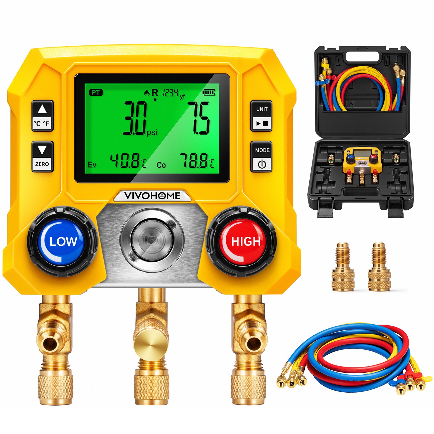 Digital HVAC Manifold Gauge Set, R410A R32 R454B R22 AC Refrigerant Recharge Kit Digital HVAC Manifold Gauge Set, R410A R32 R454B R22 AC Refrigerant Recharge Kit
