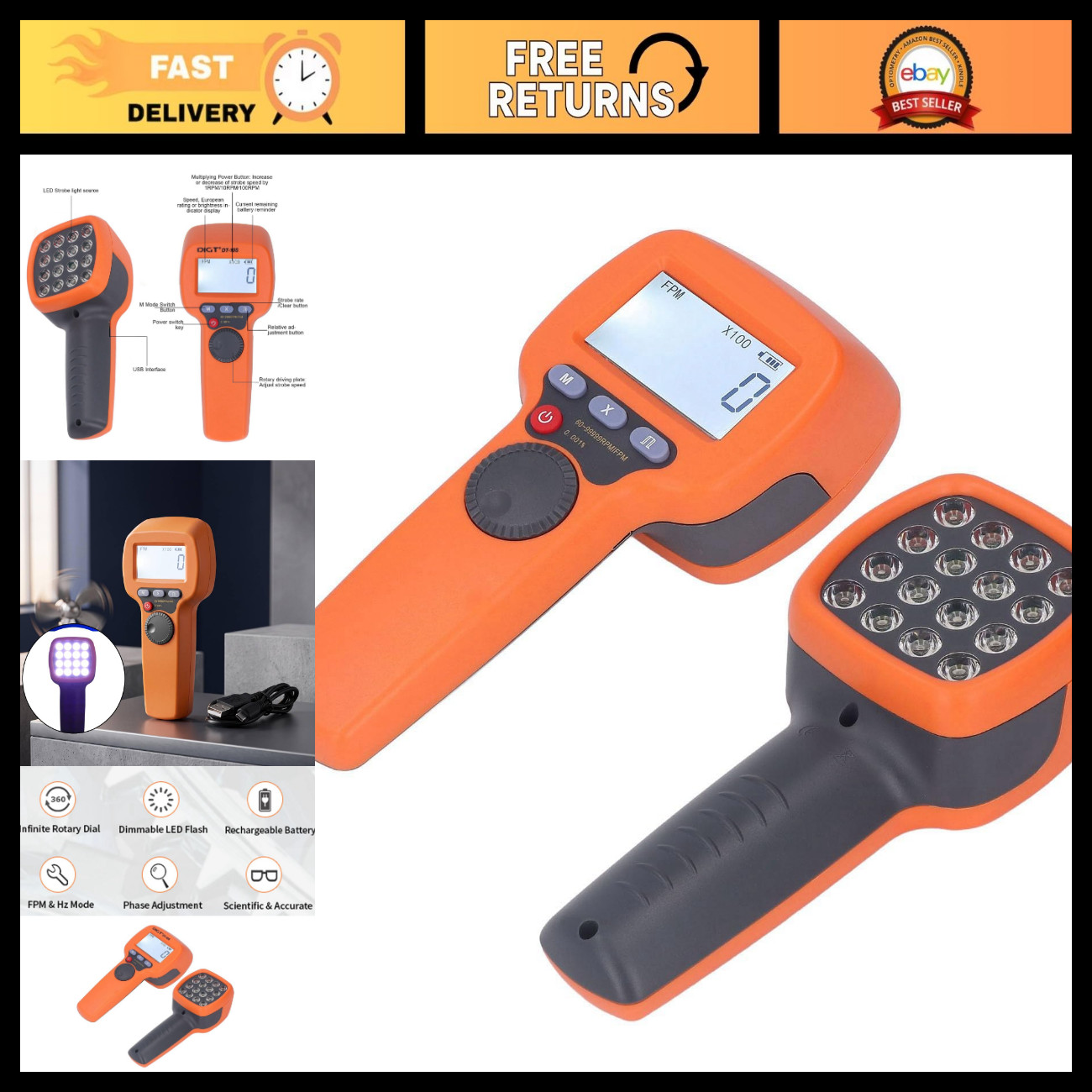 Digital Handheld LED Stroboscope Tach Tester 60-99999 RPM Rechargeable Tool