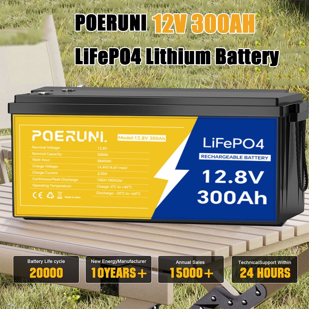 POERUNI 12V 300Ah LiFePO4 Lithium Battery Built-in BMS Deep Cycle for Solar RV POERUNI 12V 300Ah LiFePO4 Lithium Battery Built-in BMS Deep Cycle for Solar RV