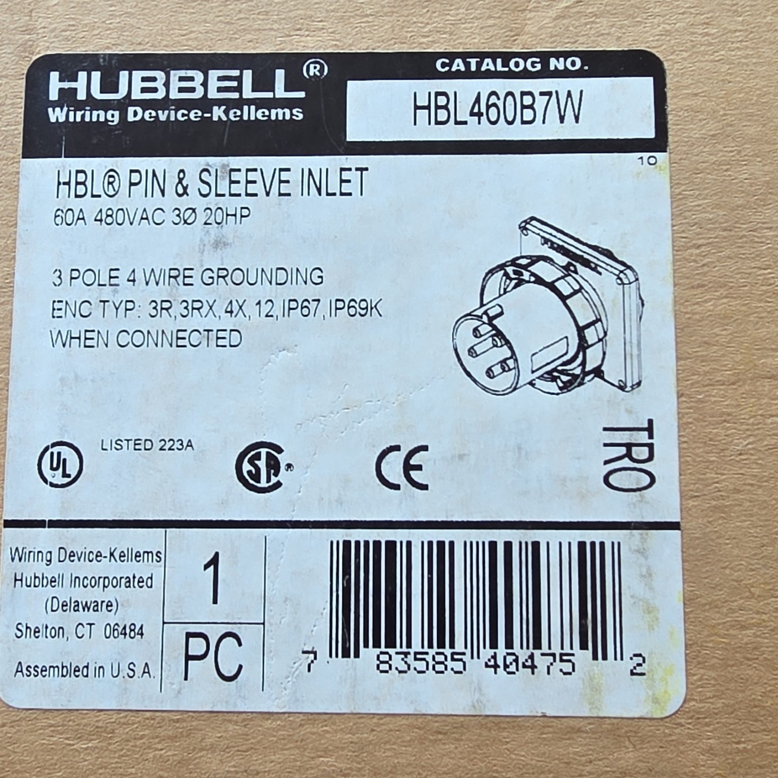 Hubbell HBL460B7W IEC Pin & Sleeve Inlet Plug, 480V 3-Pole IP67 Flange Hubbell HBL460B7W IEC Pin & Sleeve Inlet Plug, 480V 3-Pole IP67 Flange