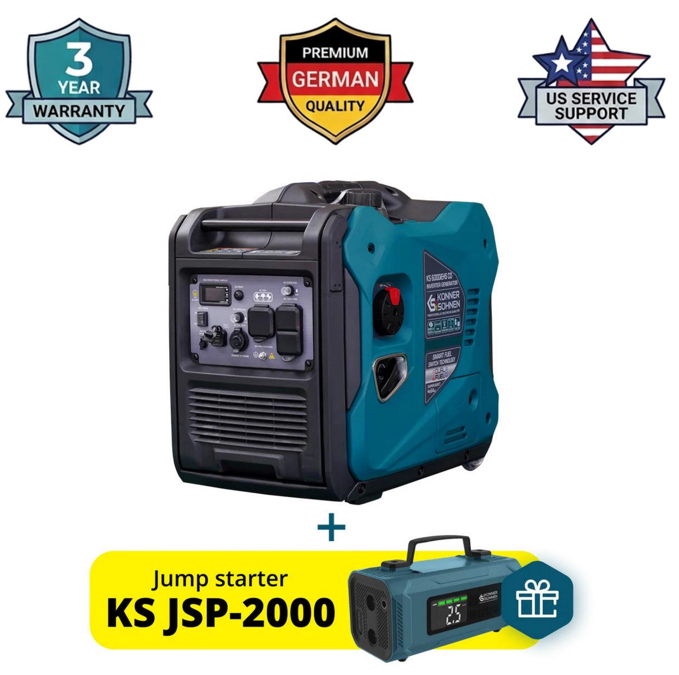 Konner & Sohnen KS6000iES 6000W Gas Quiet Inverter Generator Free Jump Starter Konner & Sohnen KS6000iES 6000W Gas Quiet Inverter Generator Free Jump Starter
