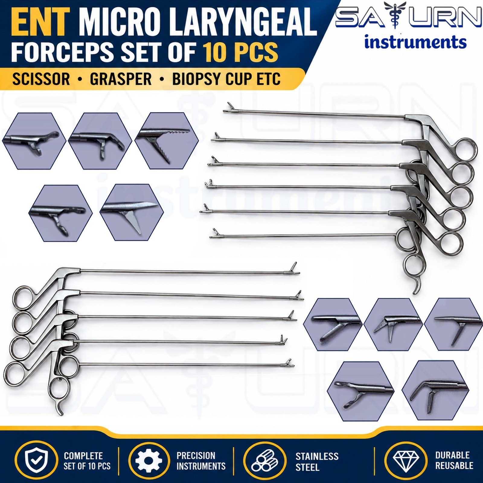 ENT Micro Laryngeal Forceps Set Of 10 Pcs 2mm x 23cm Scissor Biopsy Grasper New ENT Micro Laryngeal Forceps Set Of 10 Pcs 2mm x 23cm Scissor Biopsy Grasper New