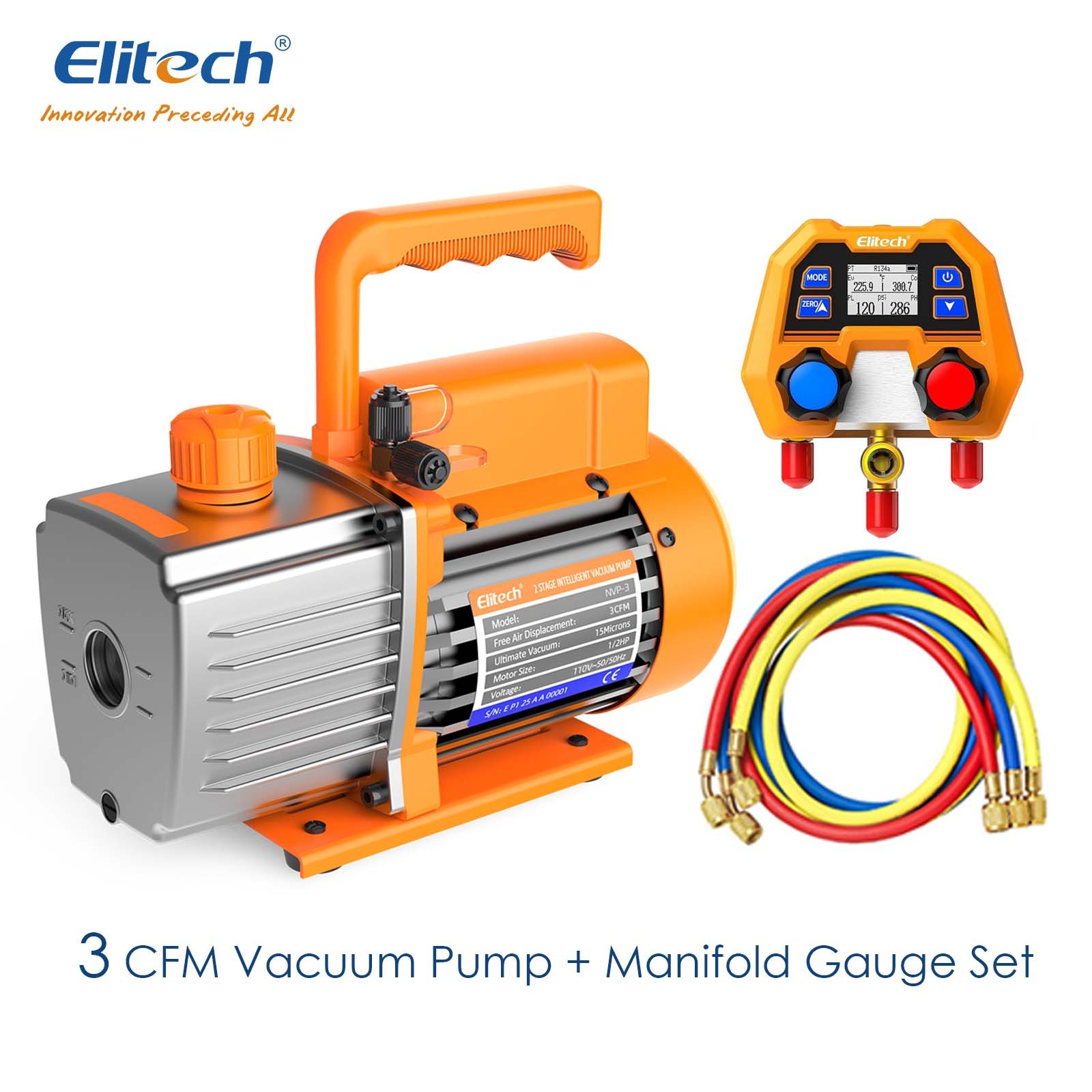 Elitech 2-in-1 HVAC Tool Kit with 3CFM Vacuum Pump Digtal Manifold Gauge Elitech 2-in-1 HVAC Tool Kit with 3CFM Vacuum Pump Digtal Manifold Gauge