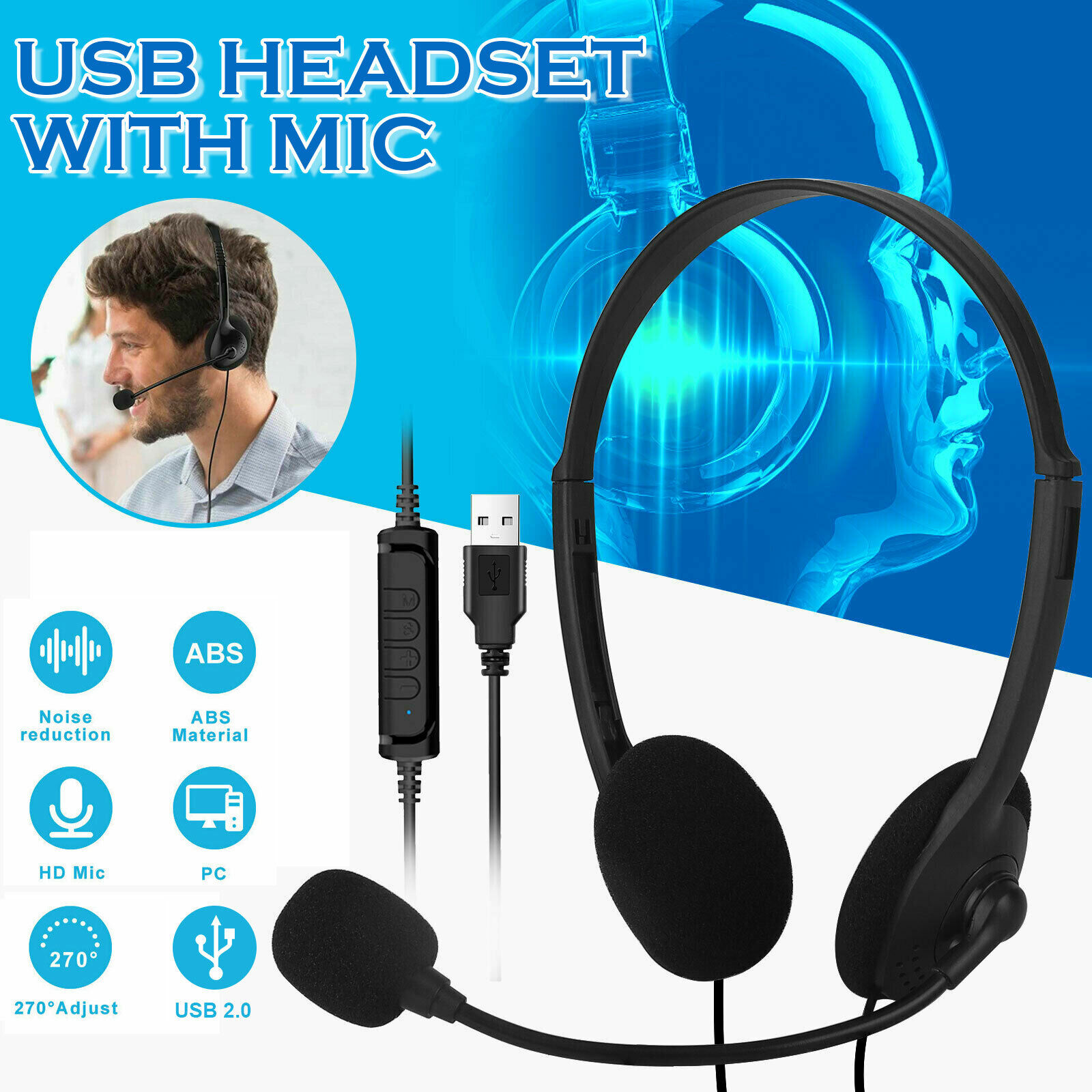 USB Noise Cancelling Headphone Microphone Headset for PC Laptop Office Chat Call