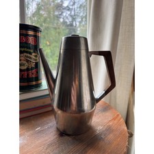 Vintage MCM Stainless Steel Coffee Carafe Wood Handle Mid Century Modern Server picture
