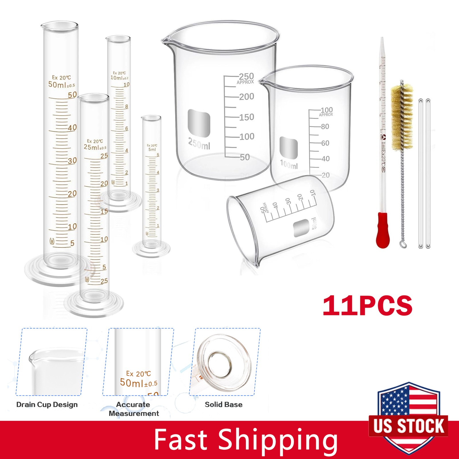 11Pcs Measuring Beaker Lab Flask Graduated Cylinder Glass with Stirring Rod Set 11Pcs Measuring Beaker Lab Flask Graduated Cylinder Glass with Stirring Rod Set