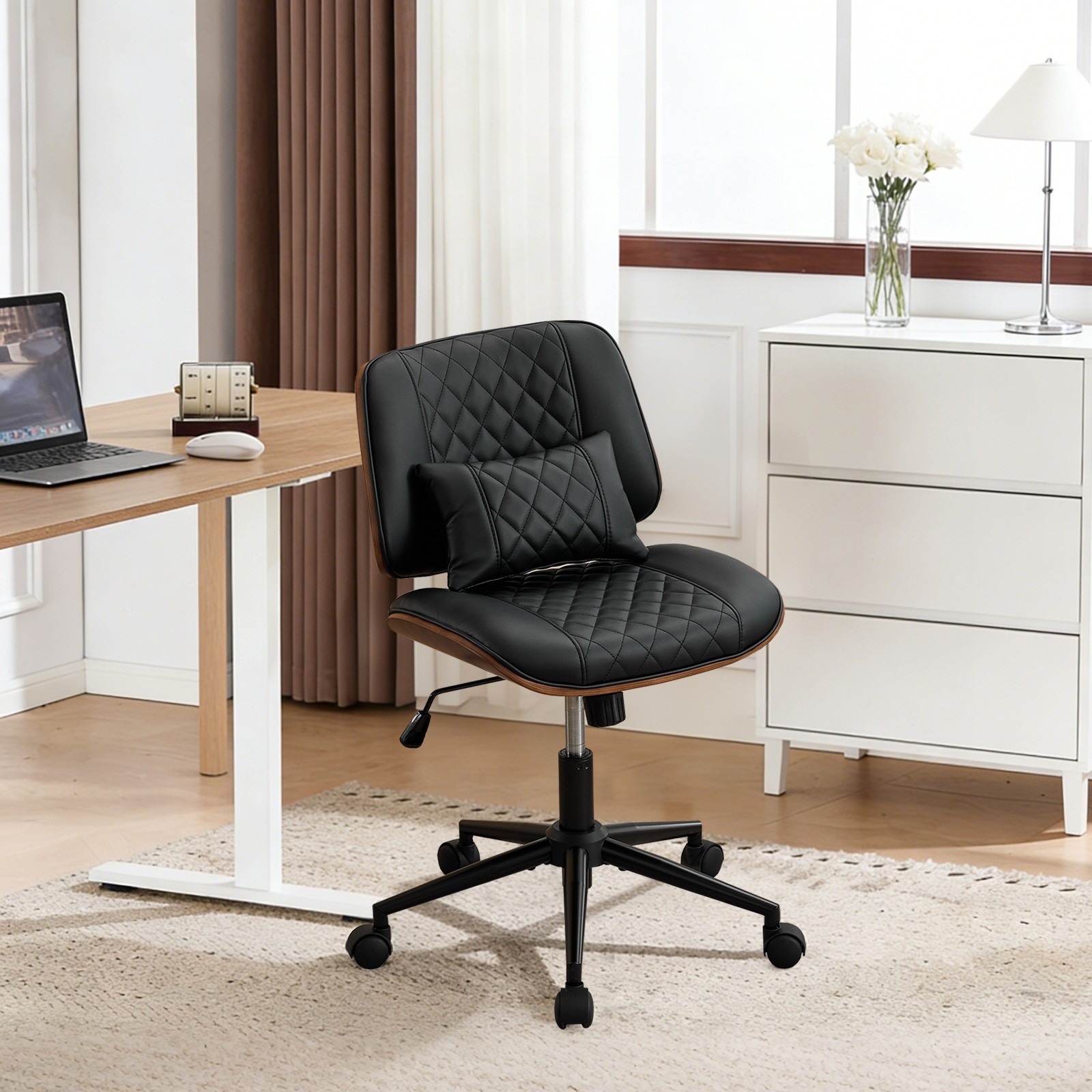 Small Armless Office Desk Chair Swivel Chair with Wheel&Adjustable Height&Pillow