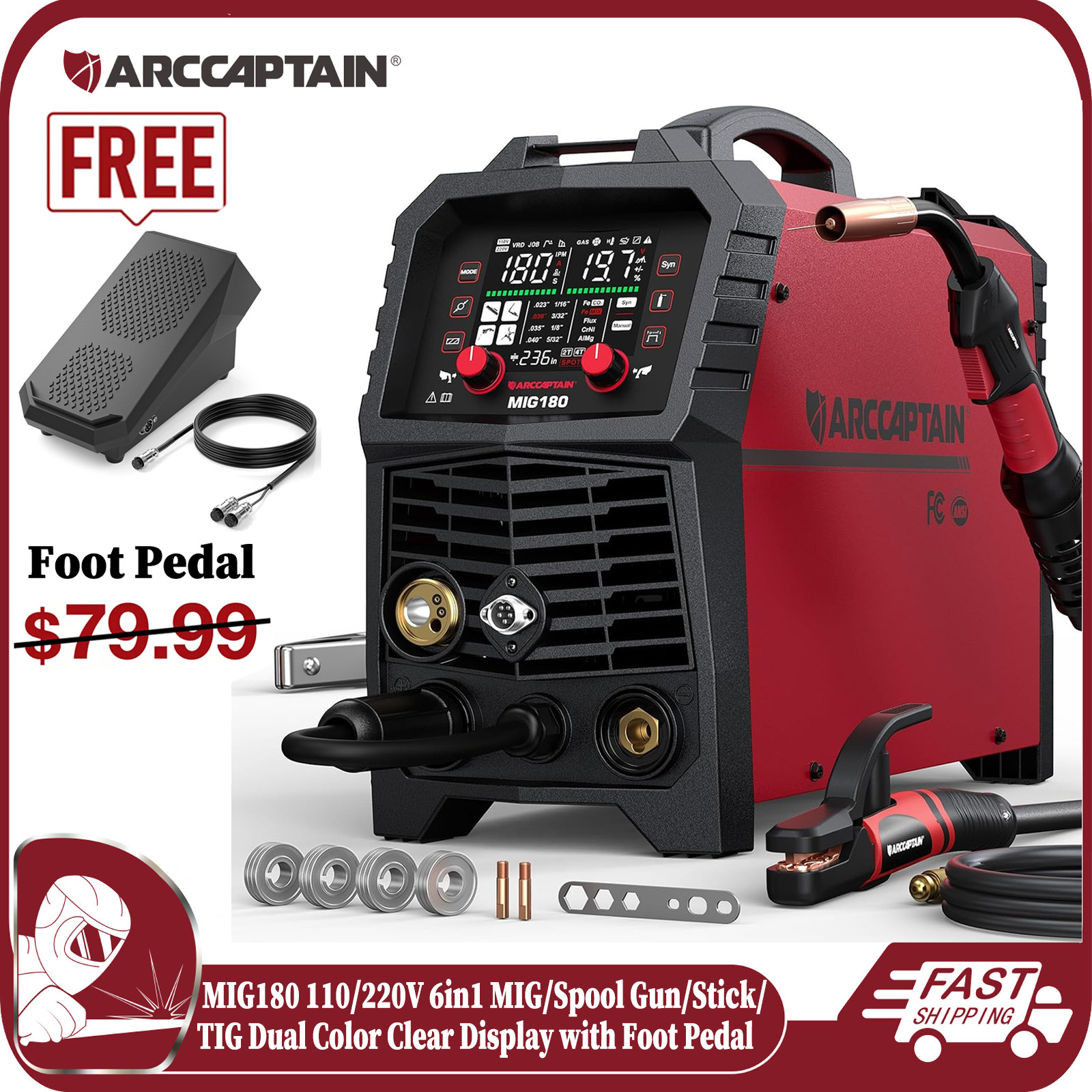 ARCCAPTAIN 180A MIG Welder 6in1 MIG/MMA/Spot/Spool Gun/TIG 110/220V & Foot Pedal