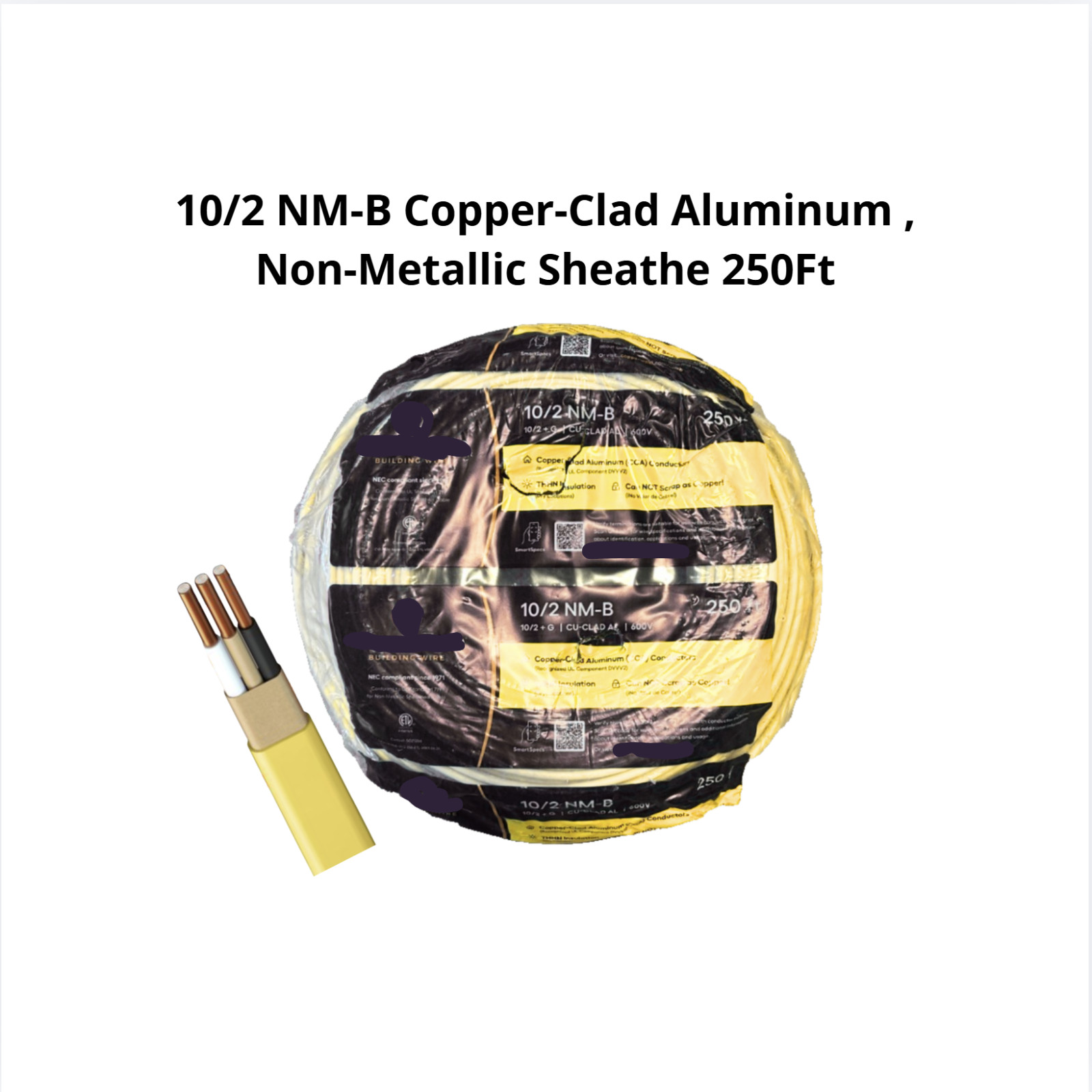 10/2 NM-B Copper cu clad aluminum Non-Metallic 250ft roll for electricians. 10/2 NM-B Copper cu clad aluminum Non-Metallic 250ft roll for electricians.