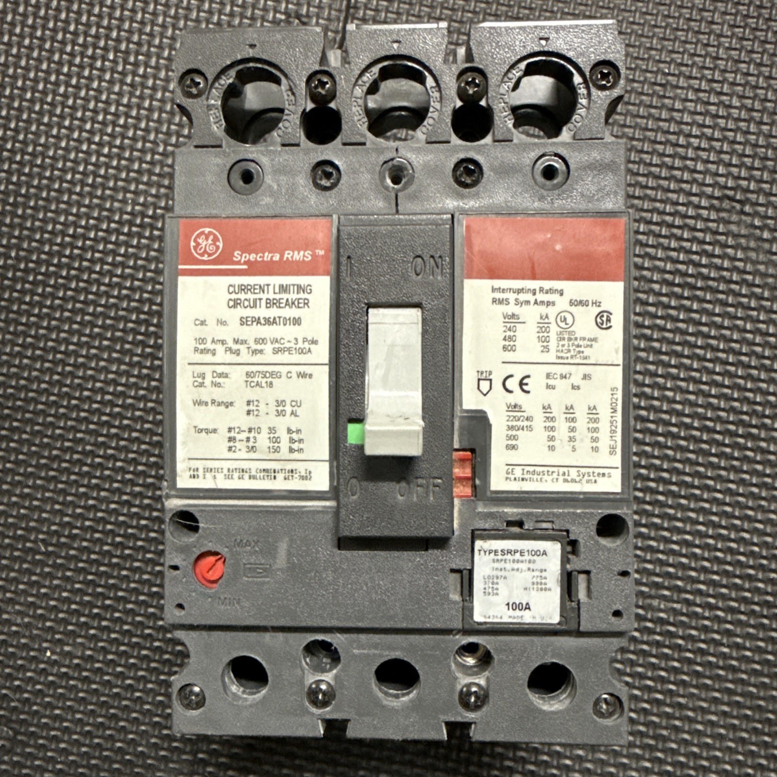 GE SEPA36AT0100 Molded Case Circuit Breaker, 100 A, 600V AC, 3 Pole GE SEPA36AT0100 Molded Case Circuit Breaker, 100 A, 600V AC, 3 Pole