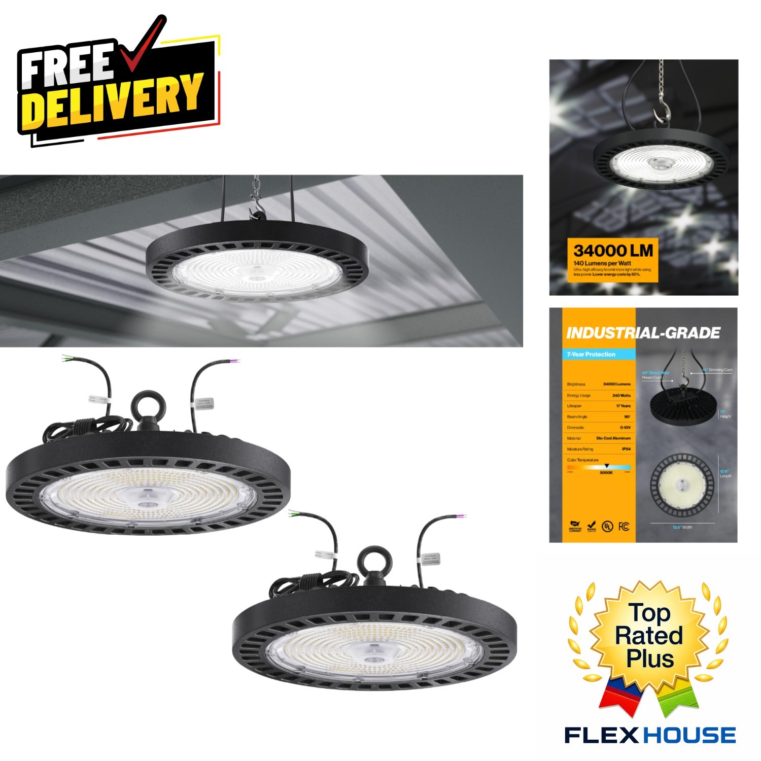 Sunco 2 Pack Dimmable 240W UFO LED High Bay Lights - 34800 Lumens, Waterproof