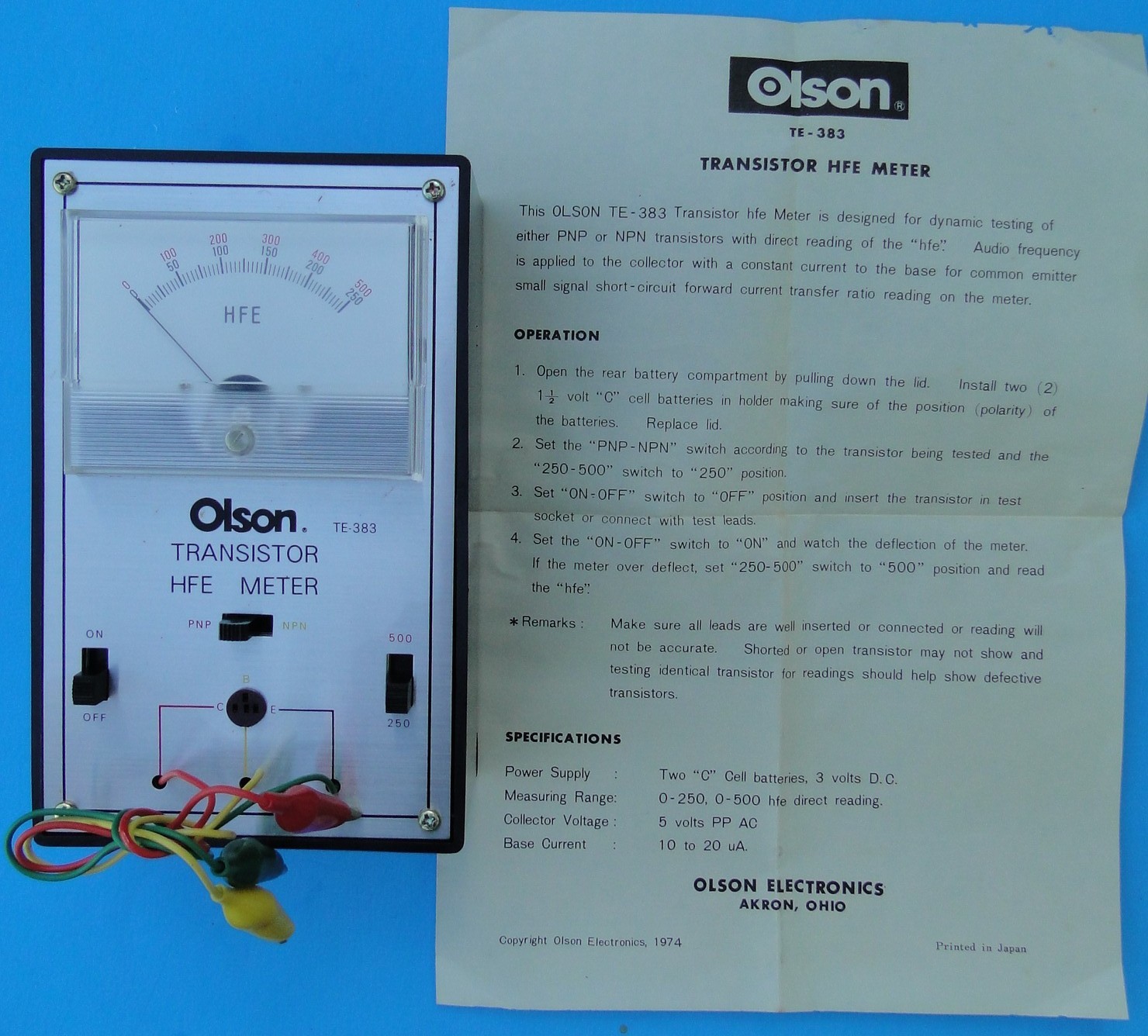 Vintage OLSON TE-383 TRANSISTOR HFE Meter with instructions. Vintage OLSON TE-383 TRANSISTOR HFE Meter with instructions.