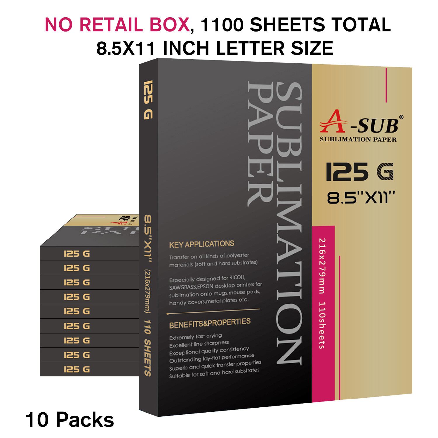 1100 Sheets Bulk A-SUB Sublimation Paper 8.5x11 125g for Inkjet Heat Transfer 1100 Sheets Bulk A-SUB Sublimation Paper 8.5x11 125g for Inkjet Heat Transfer