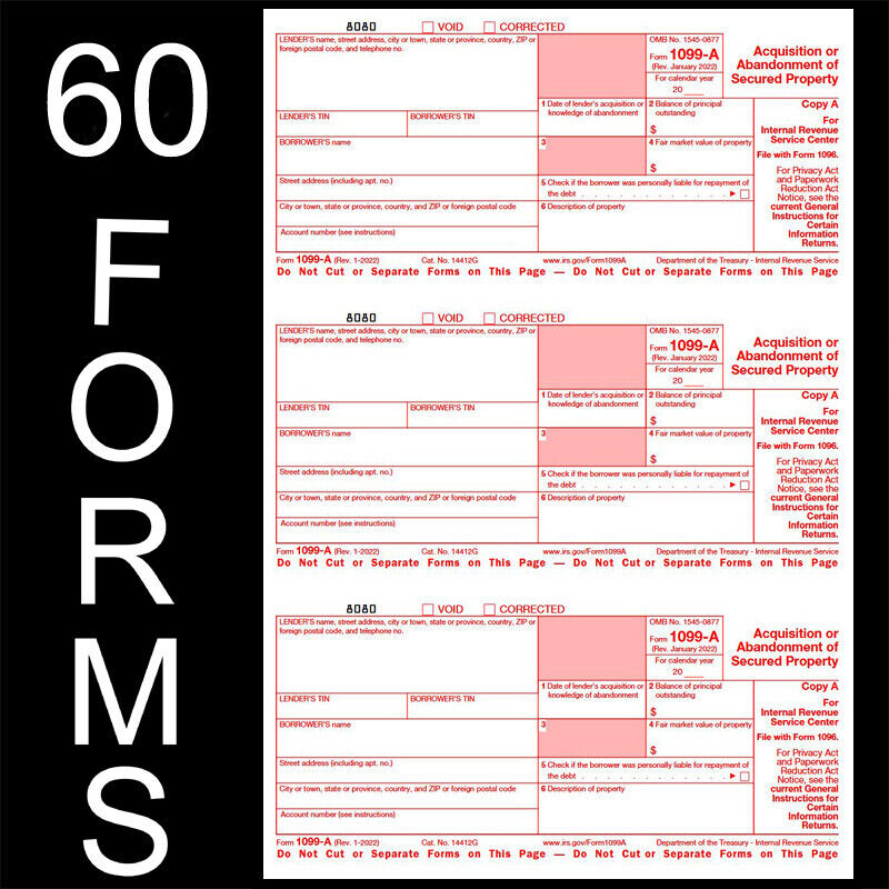 60 FORMS 1099-A  20 SHEETS  FREE PRIORITY MAIL SHIPPING OFFICIAL 1099a IRS FORMS
