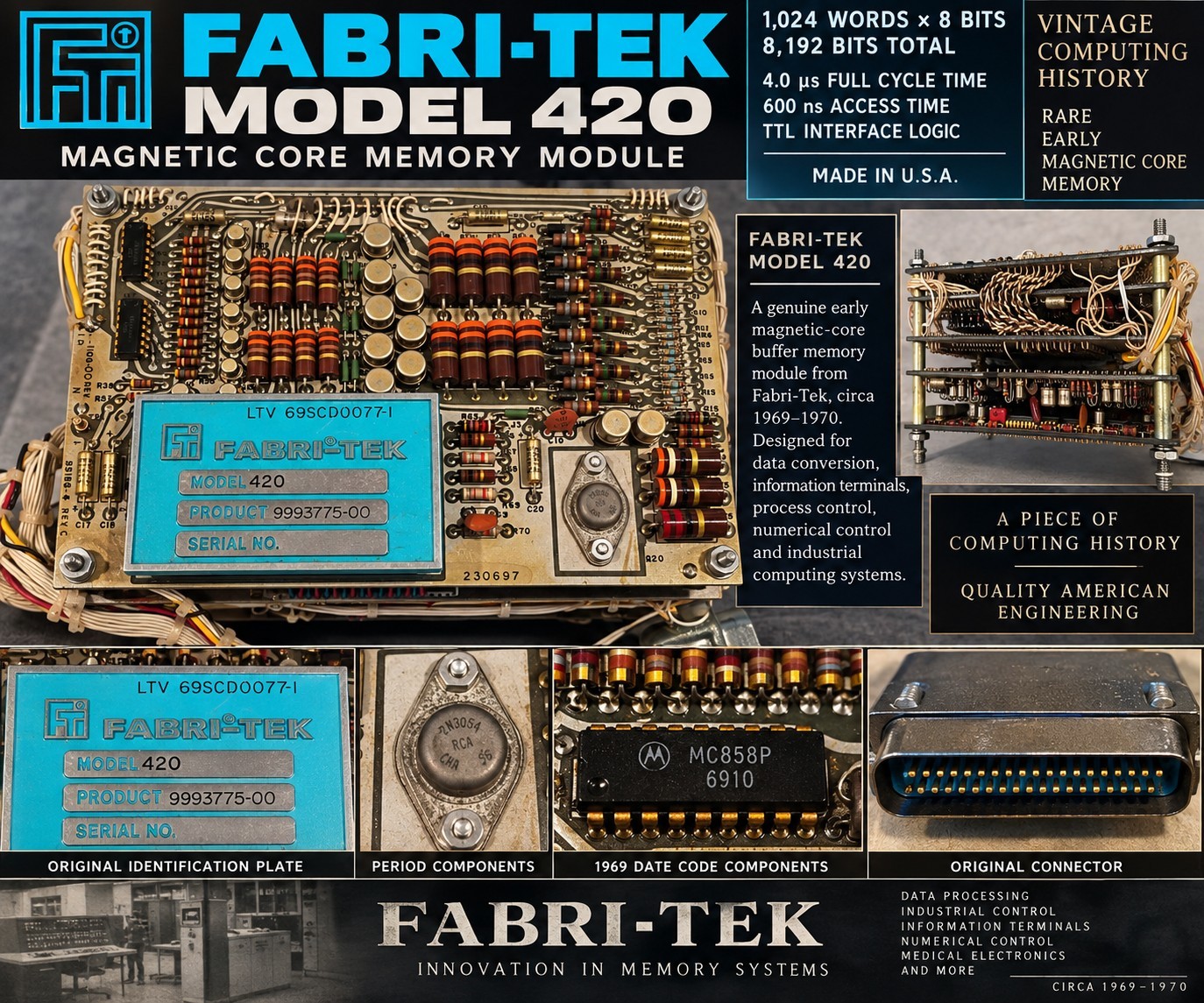 Fabri-Tek Model 420 Magnetic Core Memory 1K x 8 Vintage 1970 Computer 9993775 Fabri-Tek Model 420 Magnetic Core Memory 1K x 8 Vintage 1970 Computer 9993775