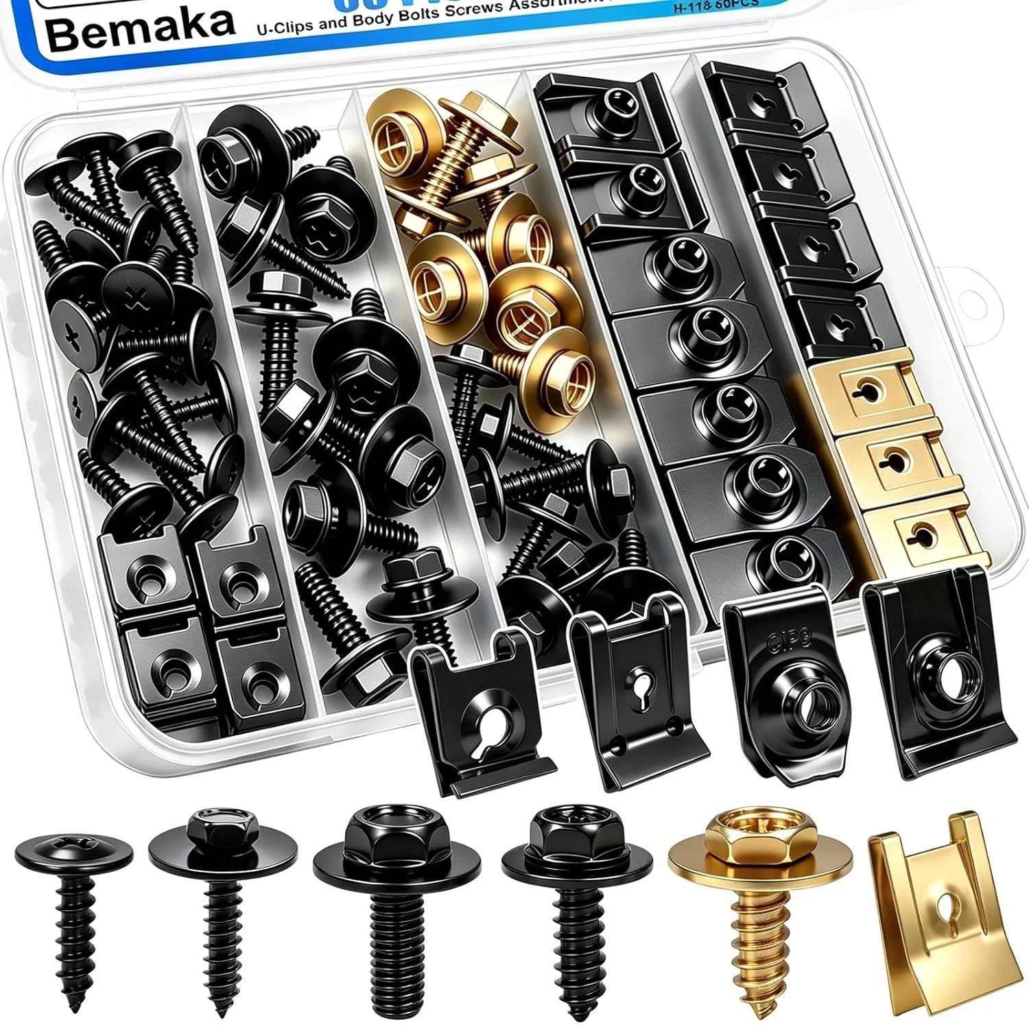 60Pcs U-Nut Clips and Body Bolts Screws Assortment Kit, 10 Sizes Auto Car U Clip 60Pcs U-Nut Clips and Body Bolts Screws Assortment Kit, 10 Sizes Auto Car U Clip