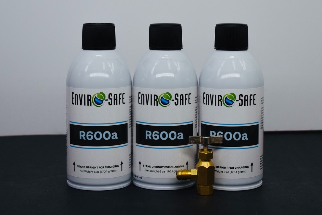 R600a UPRIGHT, Isobutane, Self-Sealing Valve, 3 cans with TopTap R600a UPRIGHT, Isobutane, Self-Sealing Valve, 3 cans with TopTap