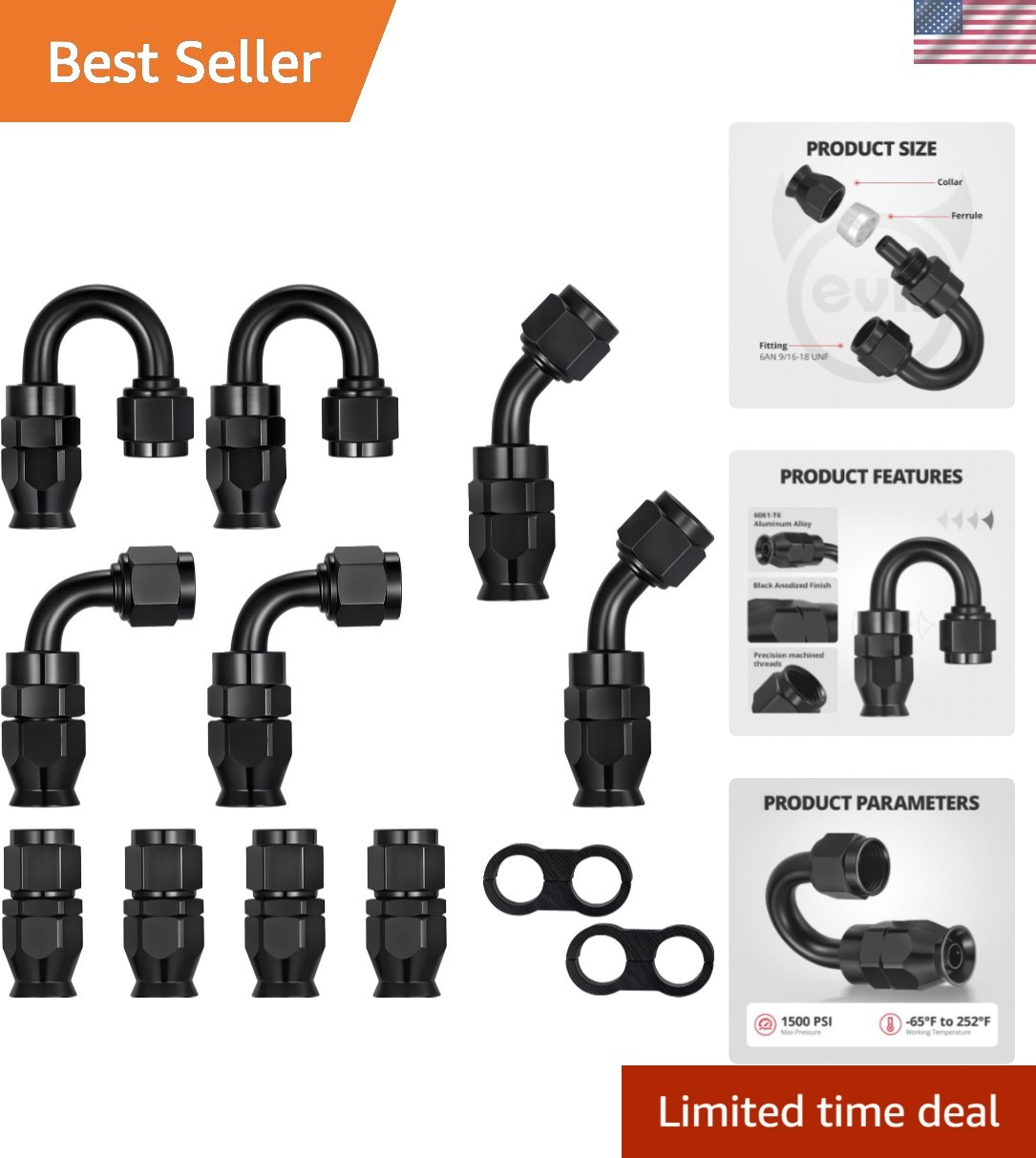 Evil Energy 6AN PTFE Hose End Fittings Kit - 4pcs 0/45/90/180 Degree Black Evil Energy 6AN PTFE Hose End Fittings Kit - 4pcs 0/45/90/180 Degree Black