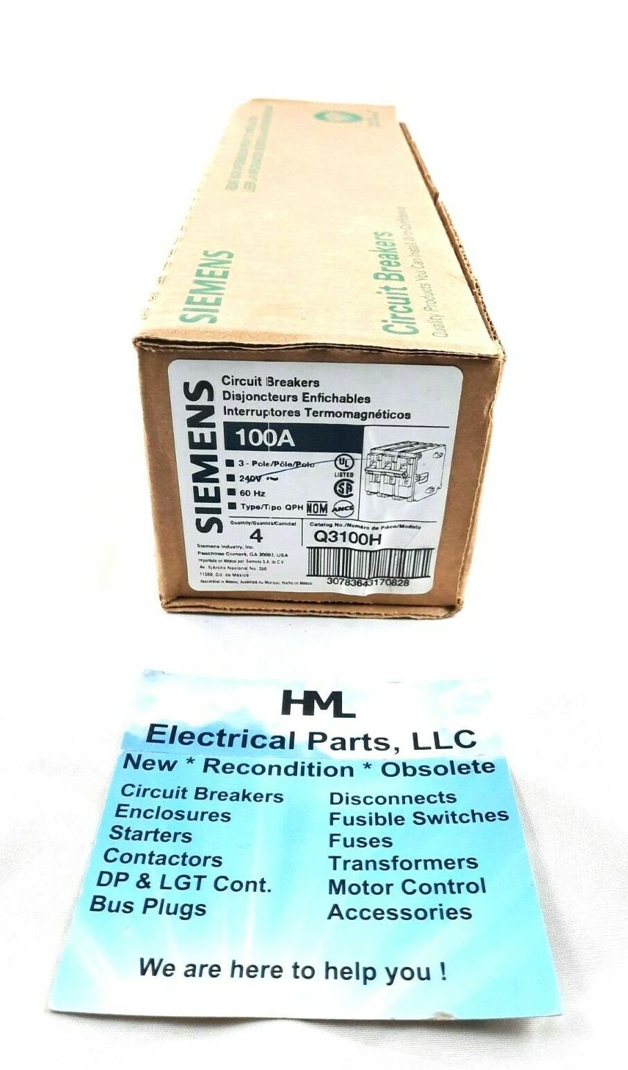 SIEMENS, Q3100H, 100A, 240V, 3 POLE, 22K AIC, *NEW, 2 YEAR WARRANTY, BOX OF 4