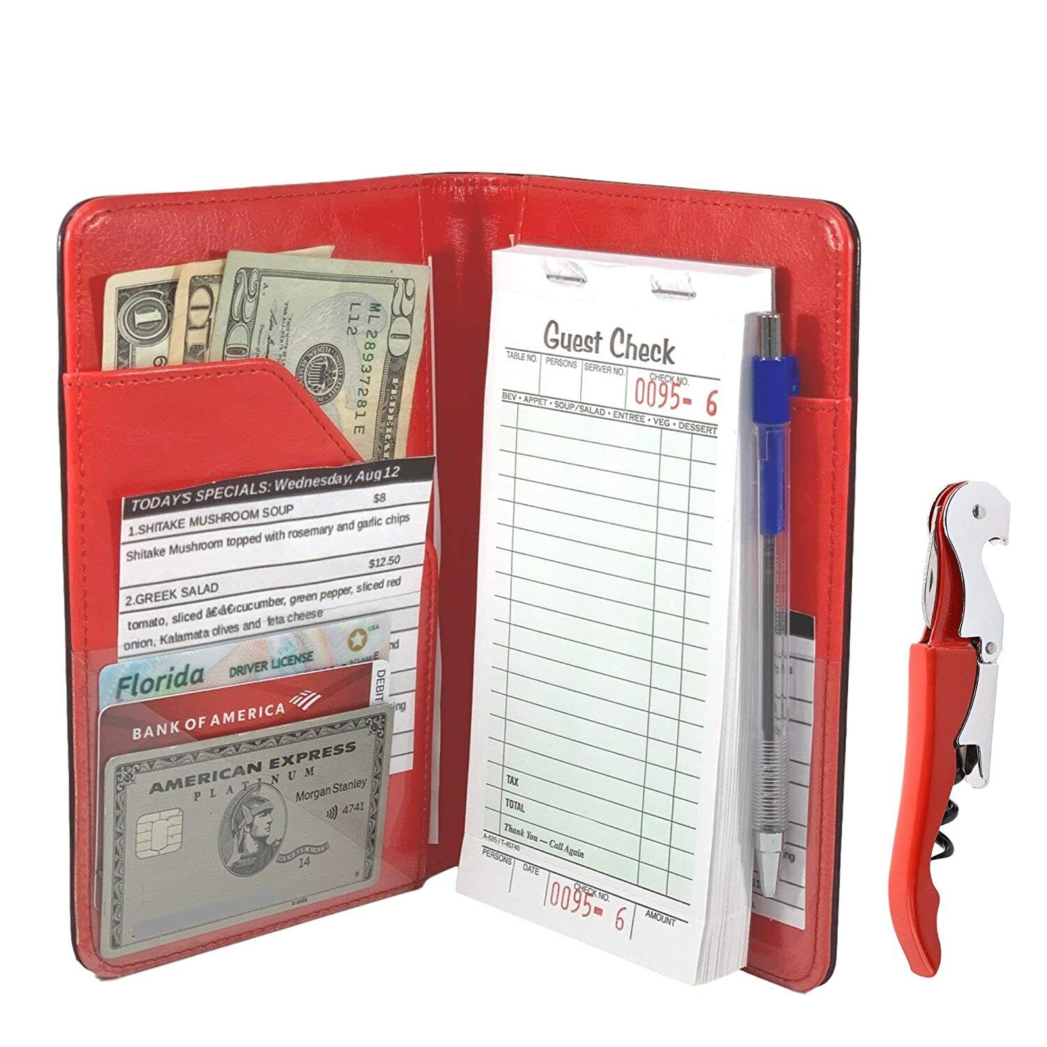Server Book Waitress Wallet Organizer – RED 7 Pocket Bundle with WINE OPENER