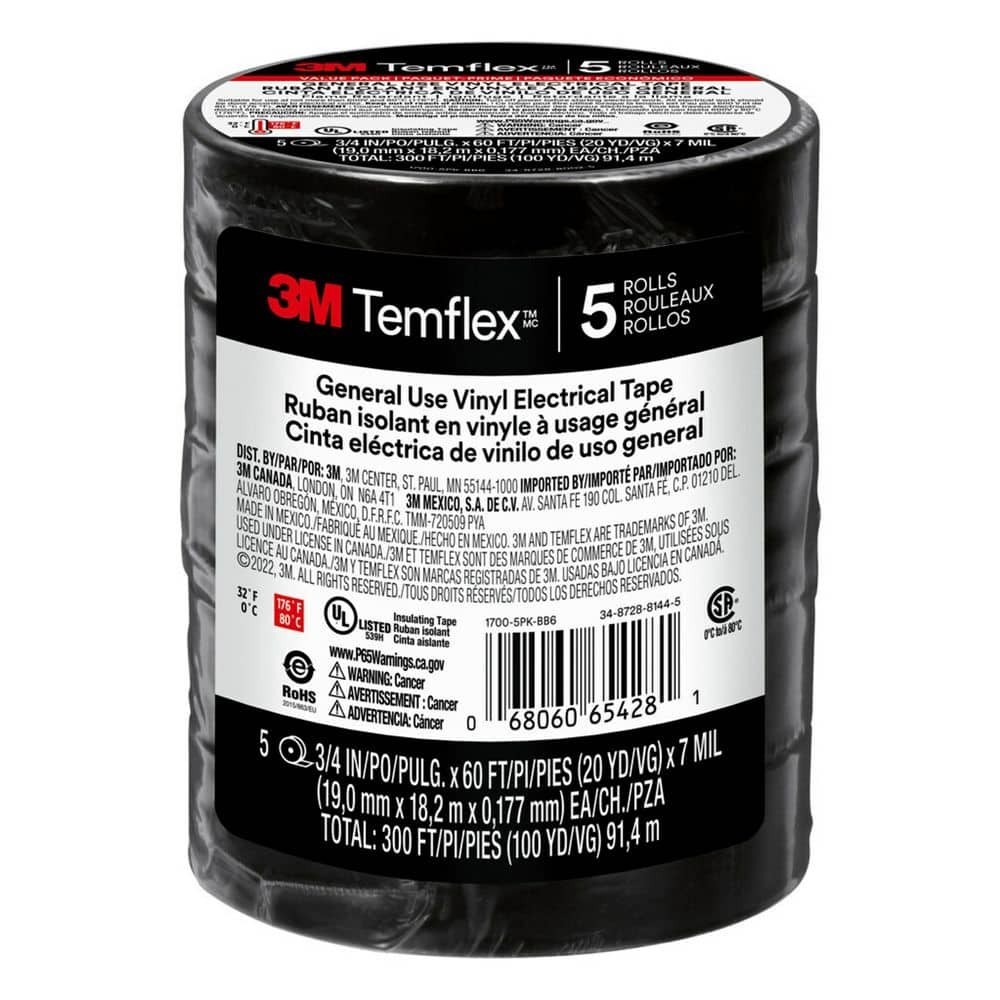 Temflex 3/4 In. X 60 Ft. 1700 Electrical Tape Black (5-Pack) Temflex 3/4 In. X 60 Ft. 1700 Electrical Tape Black (5-Pack)