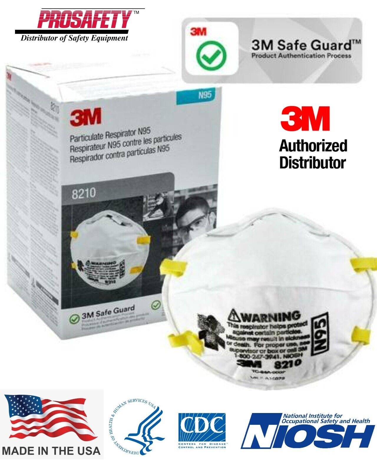 3M 8210 N95 Disposable Particulate Respirator Protection Mask NIOSH MADE IN USA