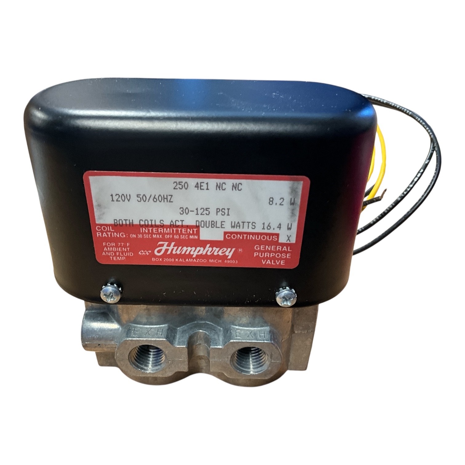 Humphrey 250-4E1 NC/NC Pneumatic Solenoid Valve 120VAC 30-125 PSI 1/4” NPT Humphrey 250-4E1 NC/NC Pneumatic Solenoid Valve 120VAC 30-125 PSI 1/4” NPT