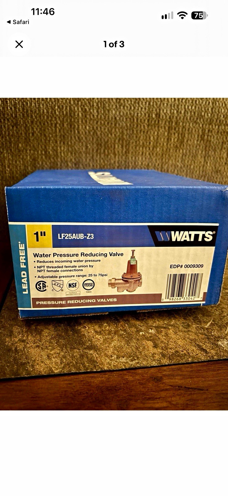 Watts LF25AUB-Z3 1 in Brass Water Pressure Reducing Valve 25-75 psi Watts LF25AUB-Z3 1 in Brass Water Pressure Reducing Valve 25-75 psi