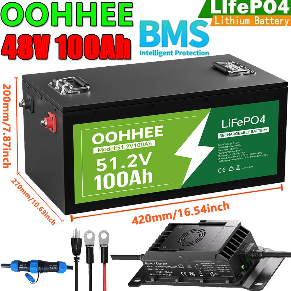 NEW 100Ah 48V LiFePO4 Lithium Battery 5120Wh Built-in BMS With 58.4V 20A Charger