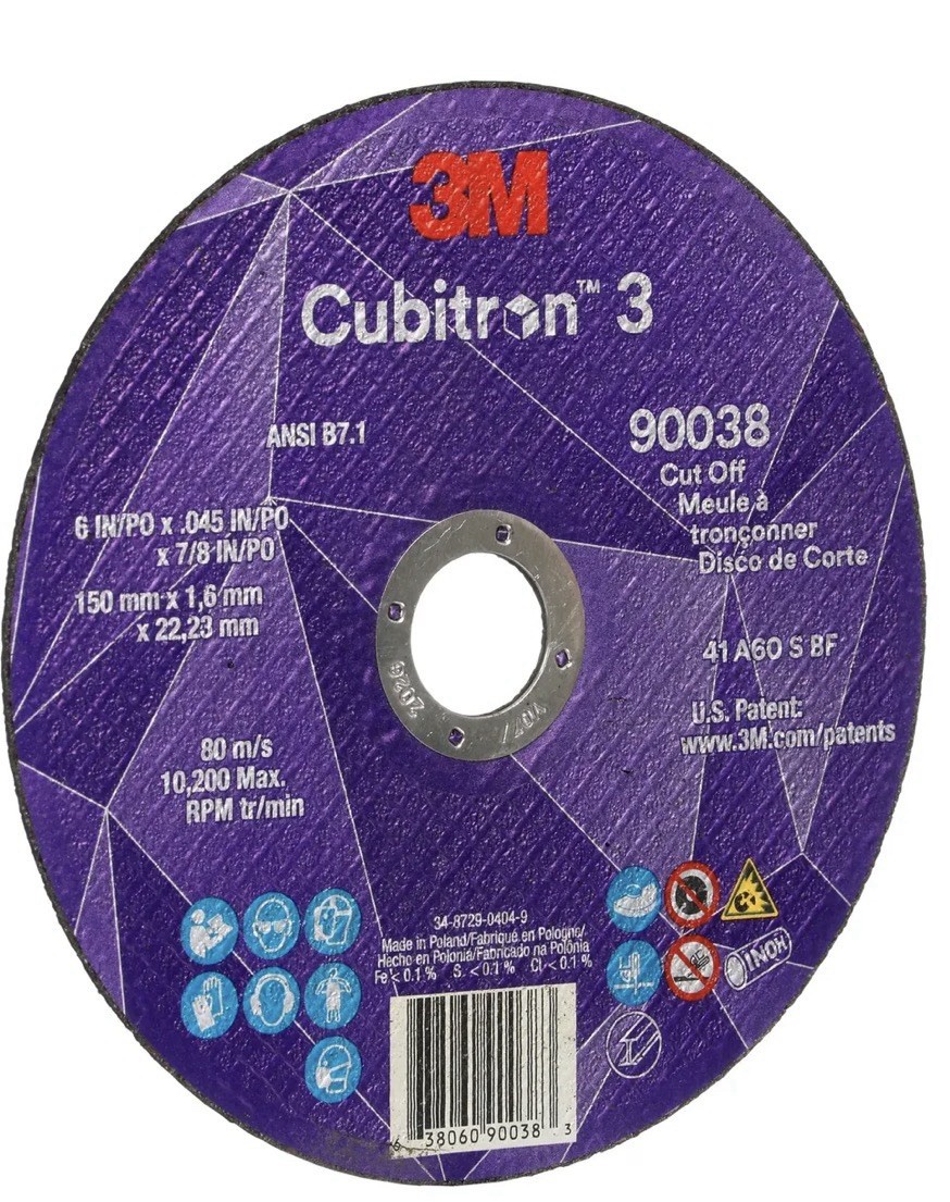 3M Cubitron 3 Type 1 Cut-Off Wheel 6in x .045in x 7/8in 60 Grit 90038 3M Cubitron 3 Type 1 Cut-Off Wheel 6in x .045in x 7/8in 60 Grit 90038
