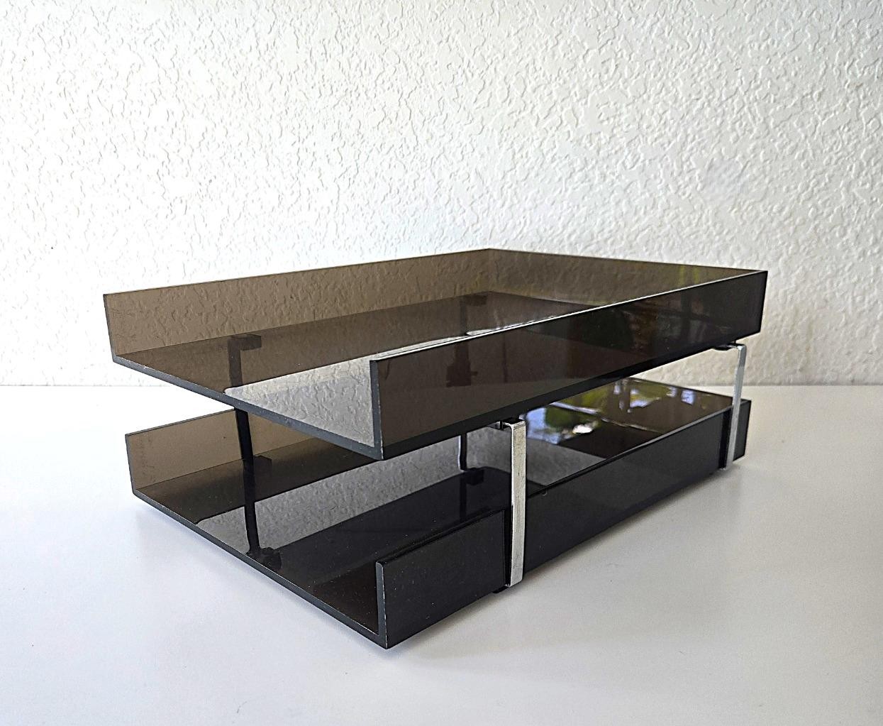 Vintage MCM Smoked Lucite 2 Tier Letter Tray Chrome Desk Organizer Modernist Vintage MCM Smoked Lucite 2 Tier Letter Tray Chrome Desk Organizer Modernist