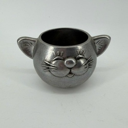 Vintage Pewter Cat Head Small Pot Holder Whimsical Feline Figurine Silver Tone Vintage Pewter Cat Head Small Pot Holder Whimsical Feline Figurine Silver Tone