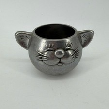 Vintage Pewter Cat Head Small Pot Holder Whimsical Feline Figurine Silver Tone picture