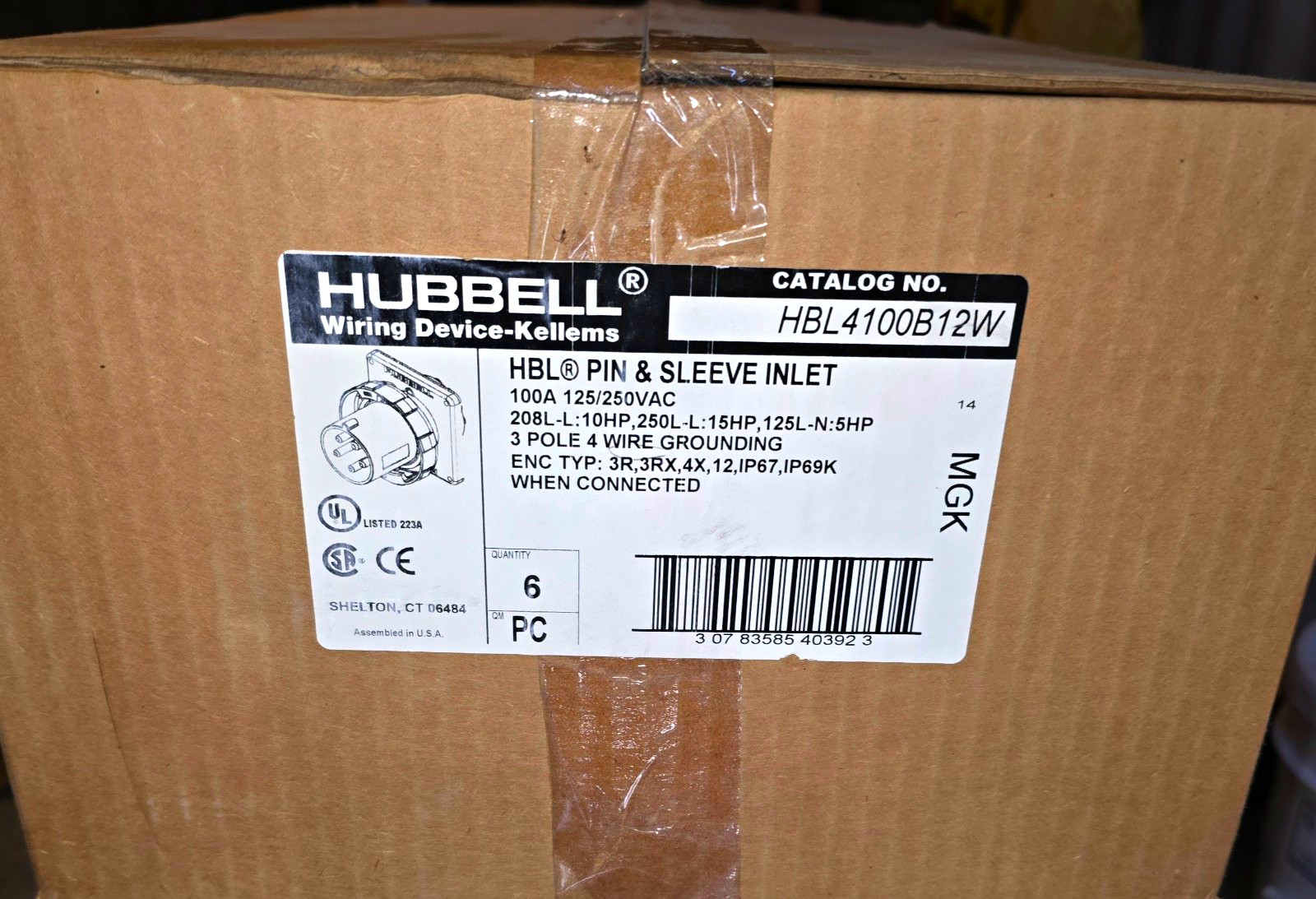 (LOT OF 6PC/1BOX)Hubbell HBL4100B12W Pin & Sleeve Inlet 100A 125/250VAC 3P4W (LOT OF 6PC/1BOX)Hubbell HBL4100B12W Pin & Sleeve Inlet 100A 125/250VAC 3P4W