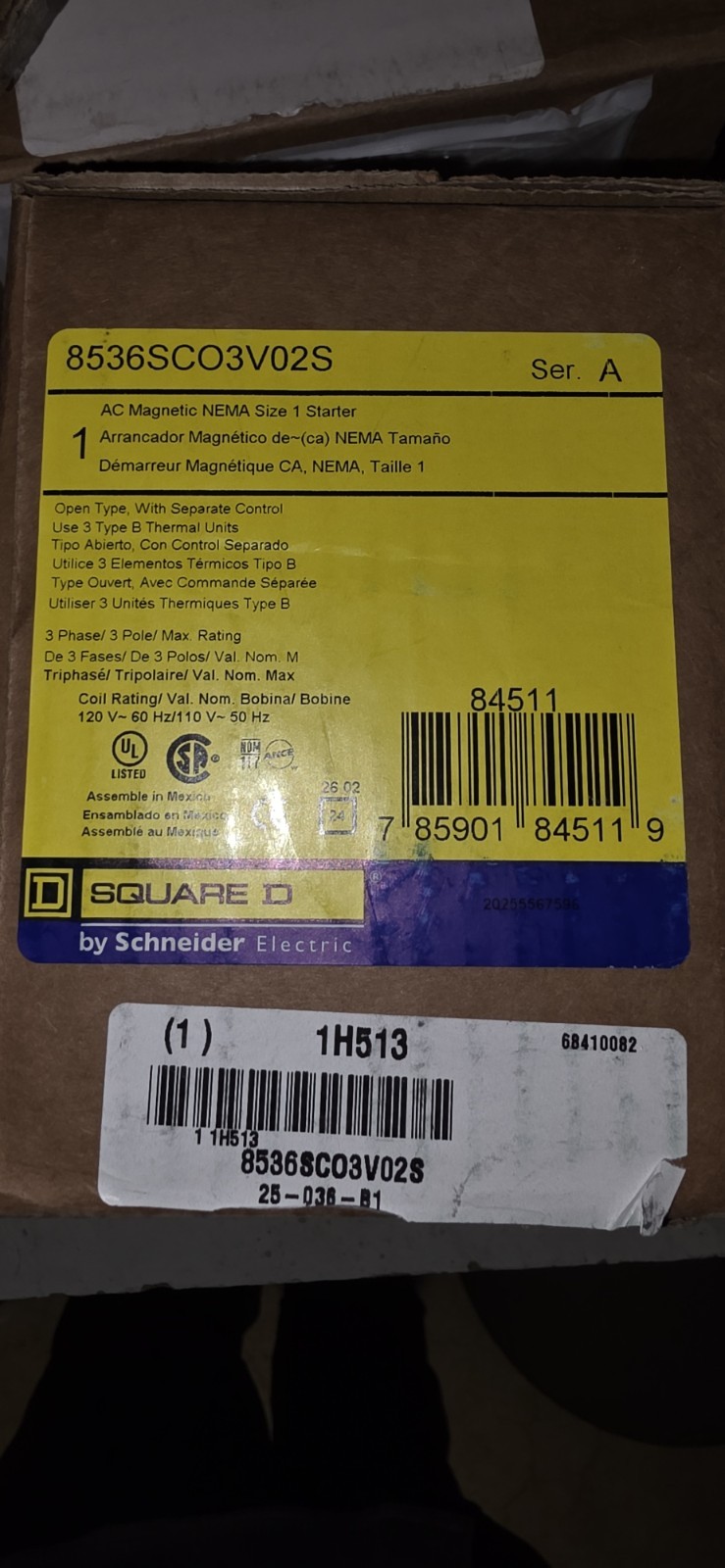 Square D 8536SCO3V02S AC Magnetic NEMA Size 1 Starter 120V Coil