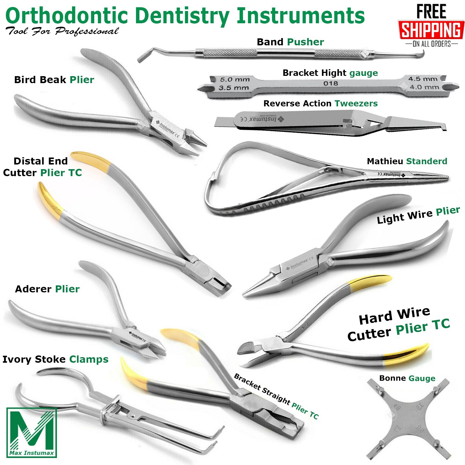Set Of 12 Orthodontics Instruments Set-up Kit Bracket & Braces Arch Pliers Set