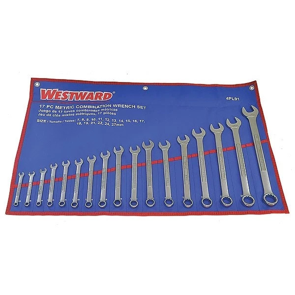 Westward Combination Wrench Set,Satin,7-27mm,17Pc 4PL91 Westward Combination Wrench Set,Satin,7-27mm,17Pc 4PL91