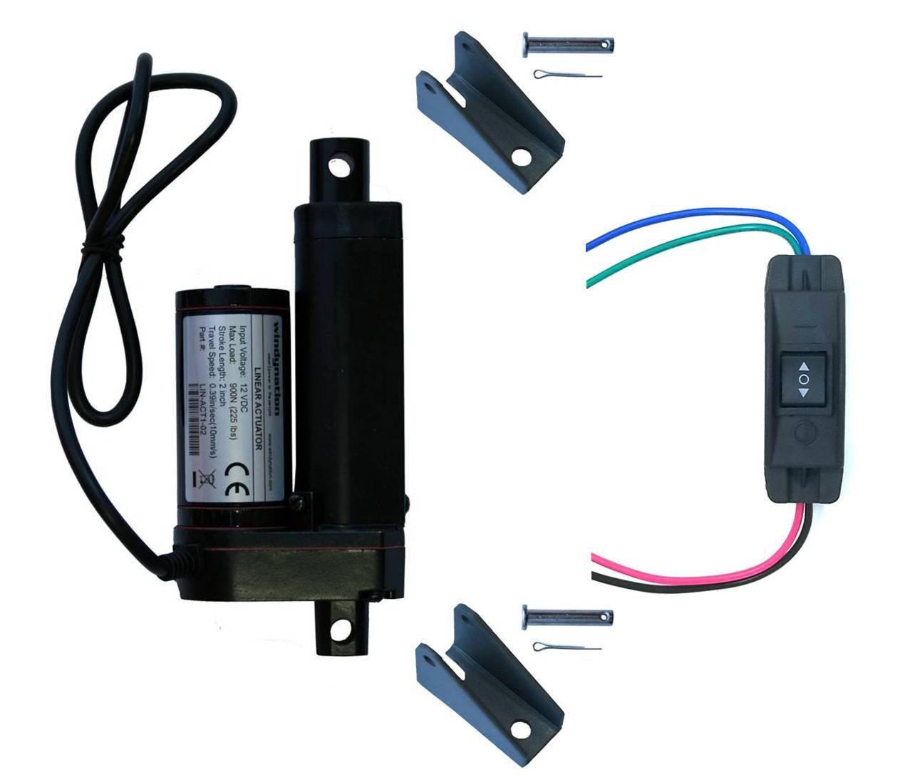WindyNation 12V Linear Actuator + UP Down Switch + Mounting Brackets 225 lb Lift WindyNation 12V Linear Actuator + UP Down Switch + Mounting Brackets 225 lb Lift