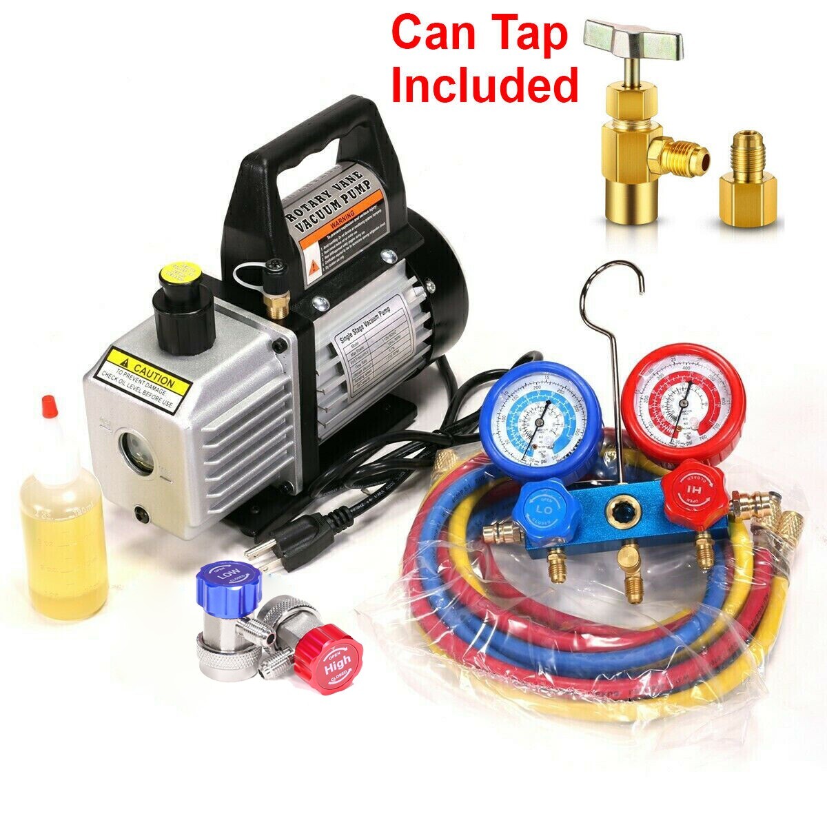AC Manifold Gauge set Combo 3 CFM Air Vacuum Pump HVAC + R134A Kit AC A/C AC Manifold Gauge set Combo 3 CFM Air Vacuum Pump HVAC + R134A Kit AC A/C