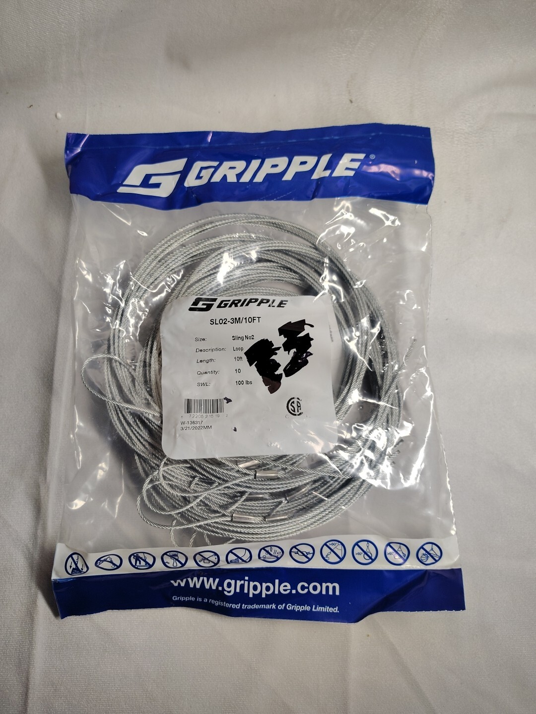 GRIPPLE SL02-3M/10FT SLING No2 100lbs 10per Bag Loop GRIPPLE SL02-3M/10FT SLING No2 100lbs 10per Bag Loop
