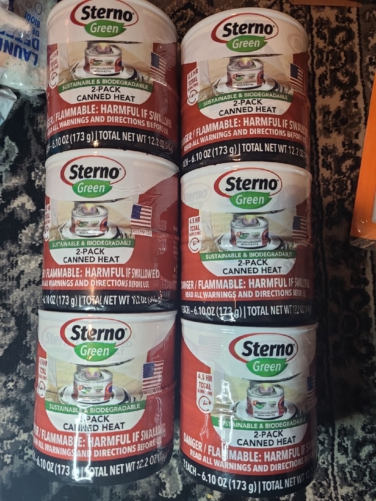 6 2-Pack’s Sterno Green 6.10 OZ , 4.5 Hrs Cook Time, Cooking Fuel Canned Heat 6 2-Pack’s Sterno Green 6.10 OZ , 4.5 Hrs Cook Time, Cooking Fuel Canned Heat