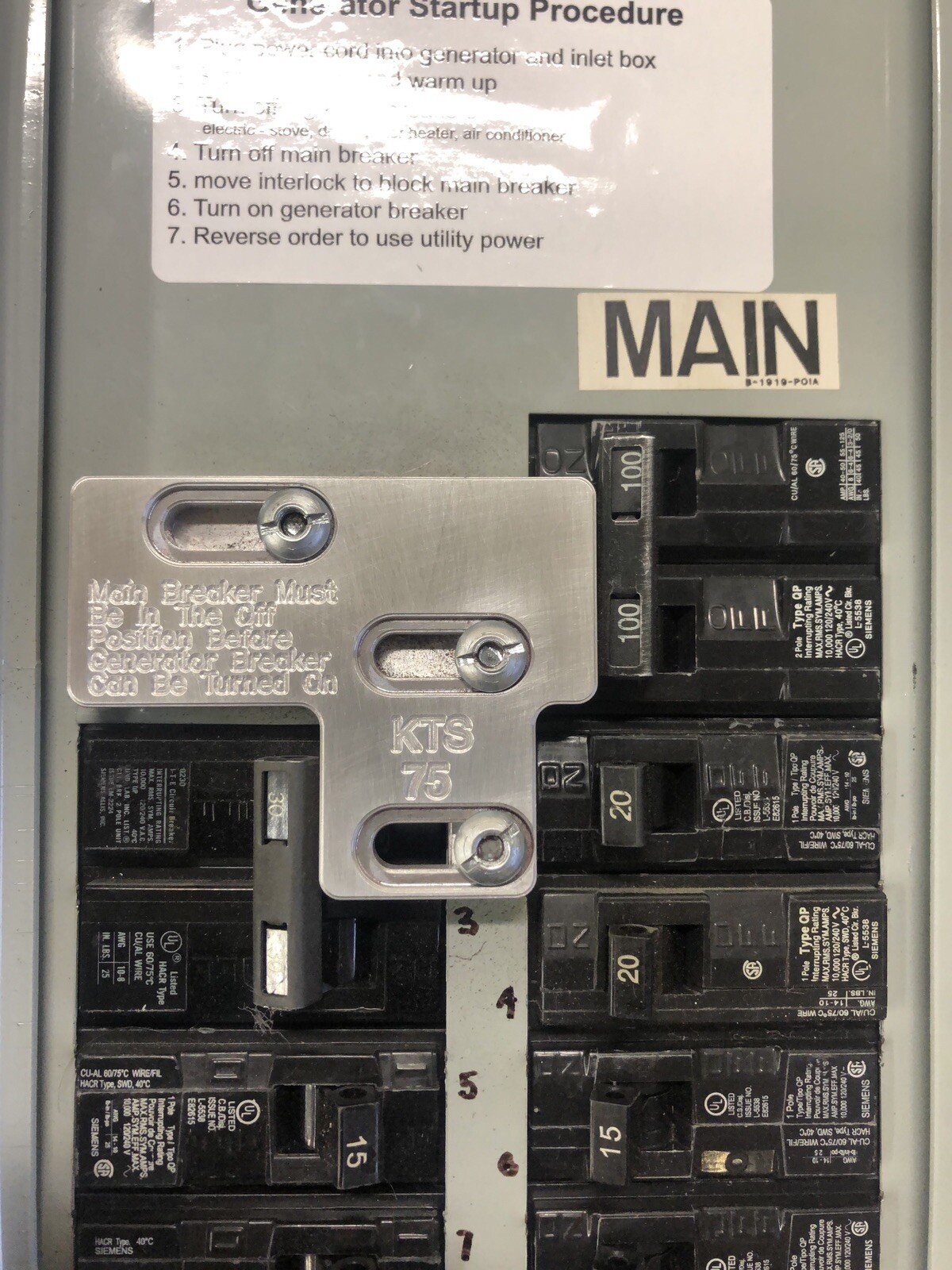 100 Amp Siemans / ITE KTS-75 Generator Interlock 100 Amp Siemans / ITE KTS-75 Generator Interlock