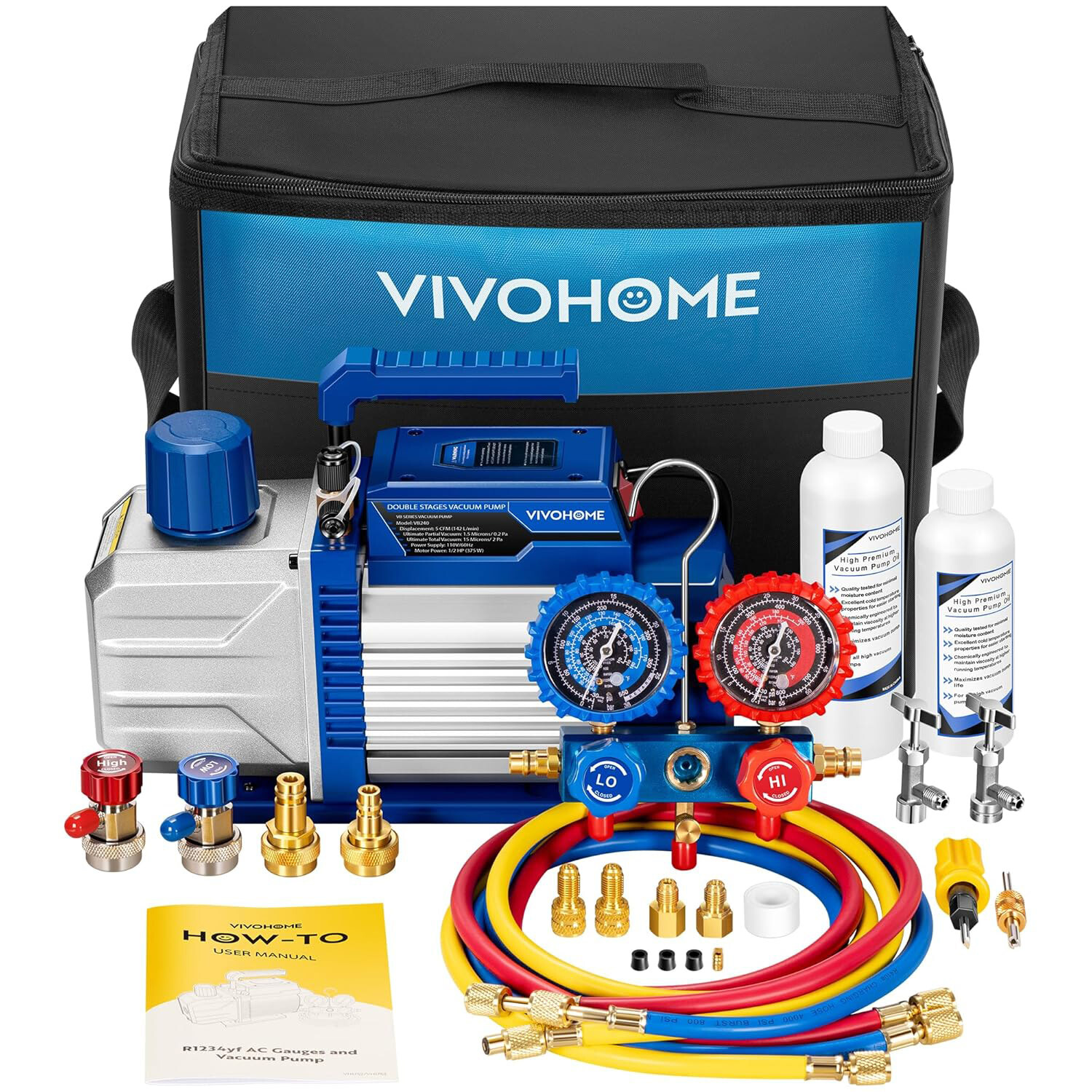 1/2HP 5CFM AC Vacuum Pump Kit w/ Manifold Gauge Set R134a R1234yf HVAC Service 1/2HP 5CFM AC Vacuum Pump Kit w/ Manifold Gauge Set R134a R1234yf HVAC Service