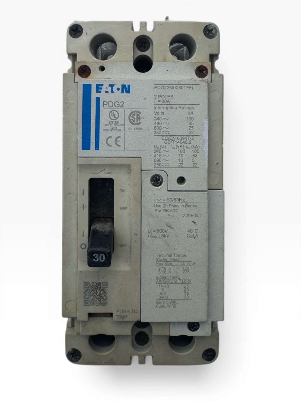Eaton Power Defense | PDG22M0030TFFL | 30A | 2-Pole | 600V | 65kA@480V | MCCB