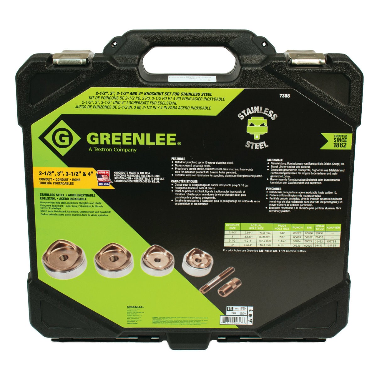 Greenlee 7308 Punches and Dies Kit 2-1/2 3 3-1/2 4 in Conduit Greenlee 7308 Punches and Dies Kit 2-1/2 3 3-1/2 4 in Conduit