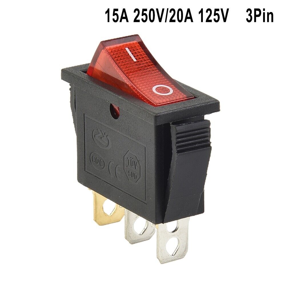 1 Pc Snap Type Rocker Switch 15A 250V 20A 125V RED ON-OFF-ON 3 Pin SPST Plastic
